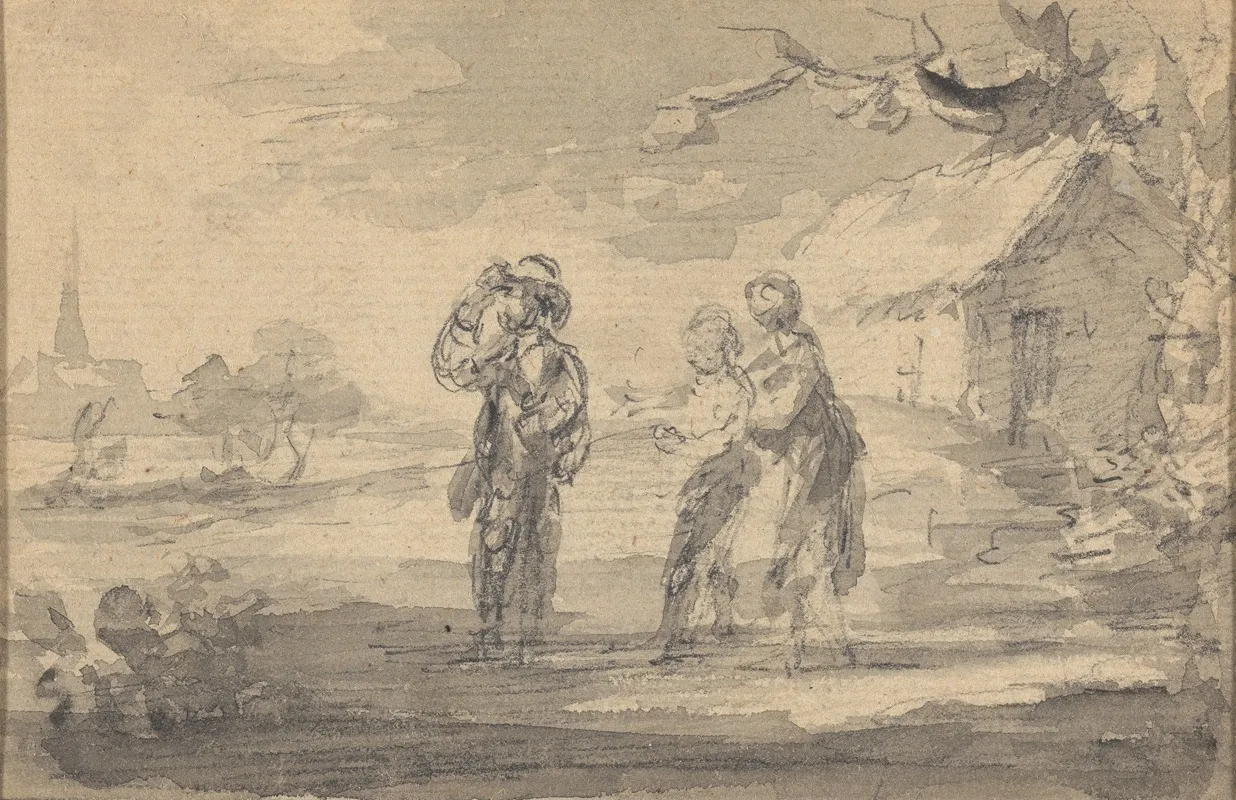 Landscape With Three Figures Cottage And Church Spire by Gainsborough Dupont - Canvas Print