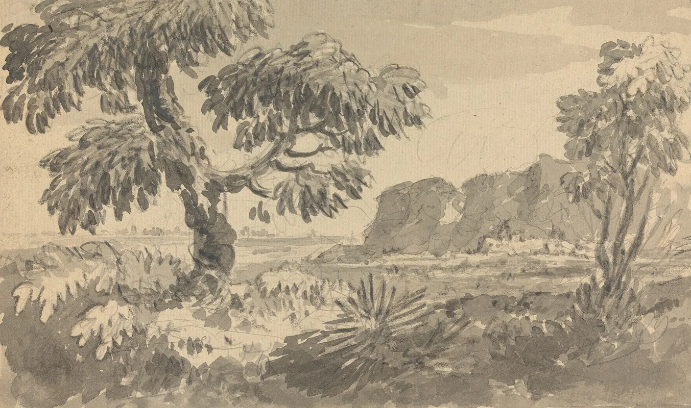 Landscape With Two Trees And Cliff by William Gilpin - Canvas Print
