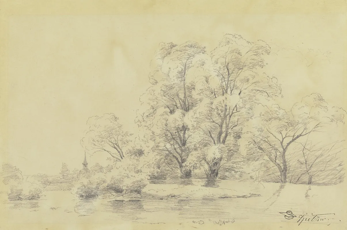 Landschaft Mit Baumen Am Wasser In Der Ferne Der Turm Einer Dorfkirche