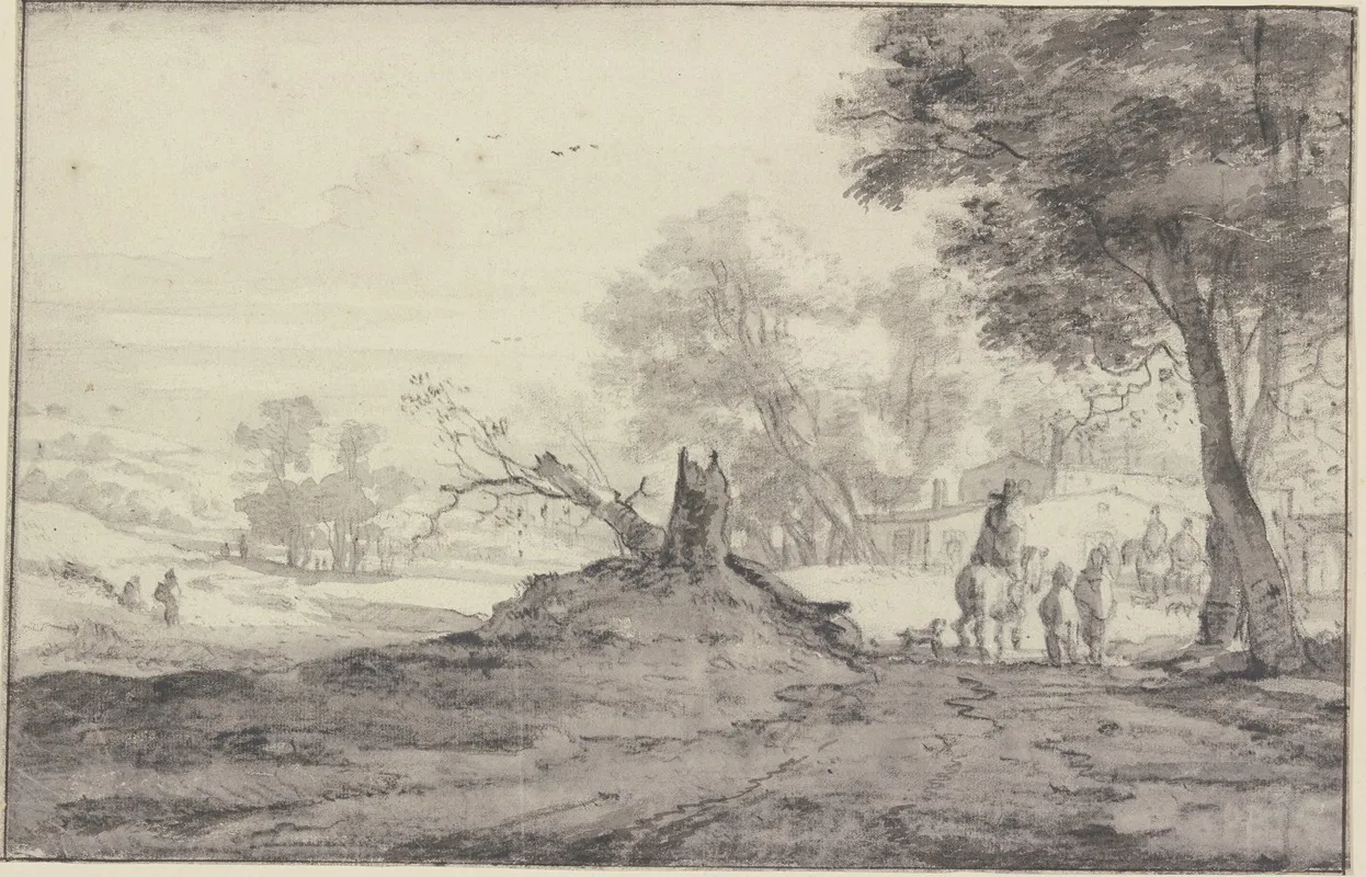 Landschaft Mit Baumen Und Hausern In Der Mitte Die Reste Eines Abgehauenen Baumes Reiter Und Fusganger by Roelant Roghman - Canvas Print