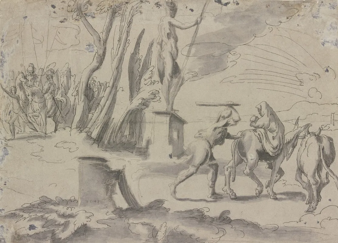 Landschaft Mit Der Flucht Nach Agypten Rechts Die Heilige Familie In Der Mitte Eine Antike Statue Links Die Gruppe Der Verfolger