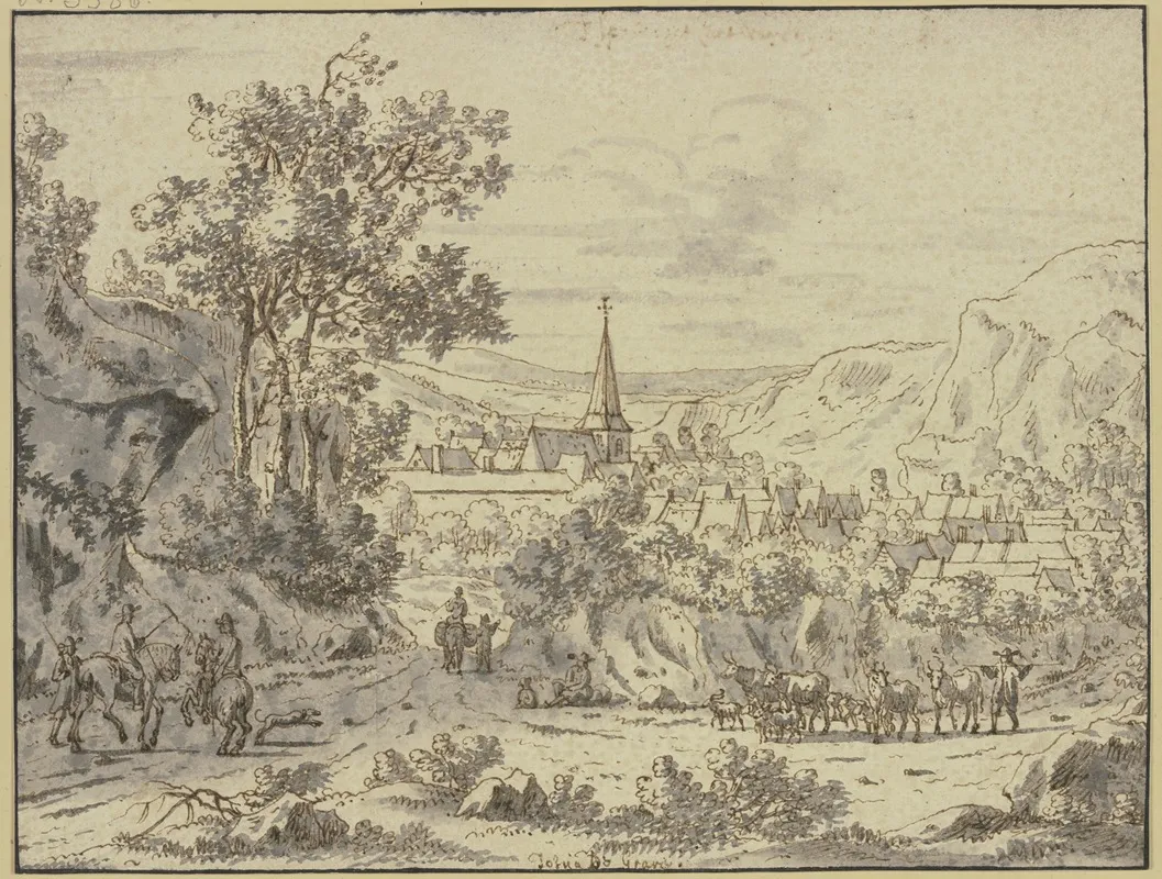 Landschaft Mit Dorf Im Vordergrund Reiter Und Eine Viehherde Mit Hirte by Josua de Grave - Canvas Print