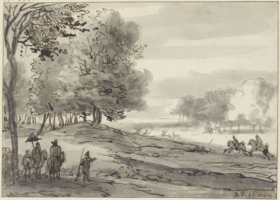 Landschaft Mit Einer Parforcejagd Links Eine Dame Zu Pferde Mit Einem Sonnenschirm by Roelant Roghman - Canvas Print