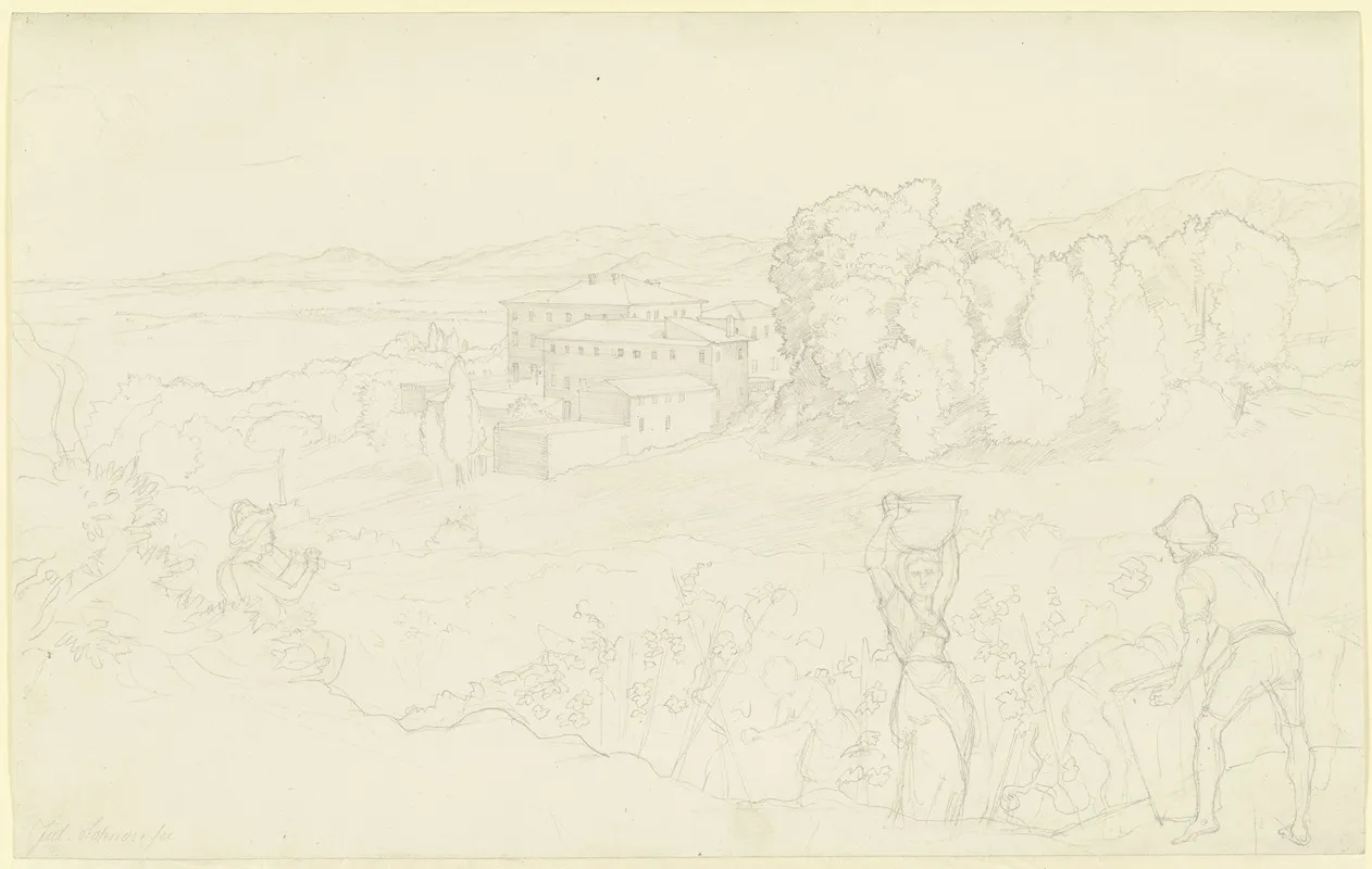 Landschaft Mit Einer Villa Rechts Vorne Winzer Links Ein Hirte Der Die Flote Blast
