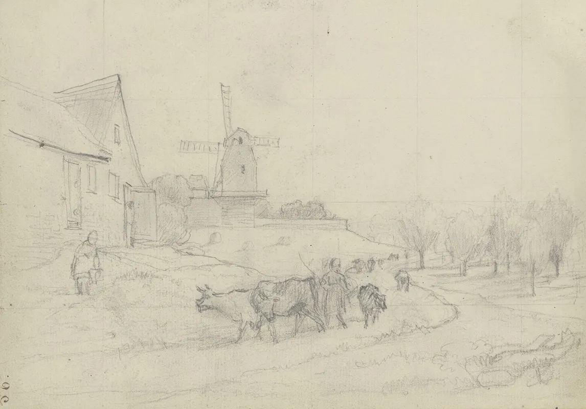 Landschaft Mit Viehtrieb Und Windmuhle