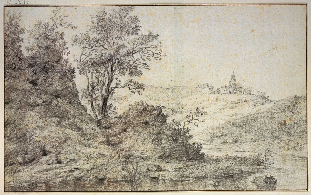 Landschaft Mit Wasser Auf Dem Hugel Hirte Und Hirtin Mit Vieh