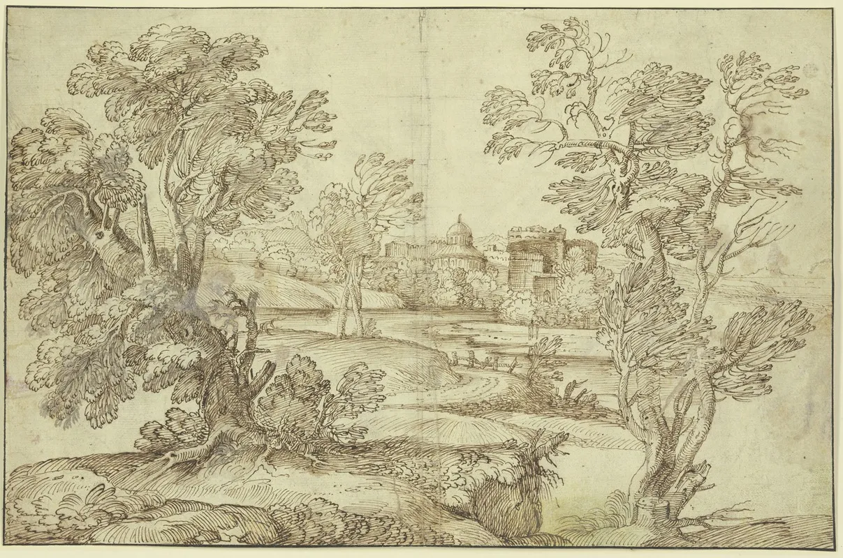 Landschaft Mit Wasser Baumgruppen Und Gebauden by Giovanni Francesco Grimaldi - Canvas Print