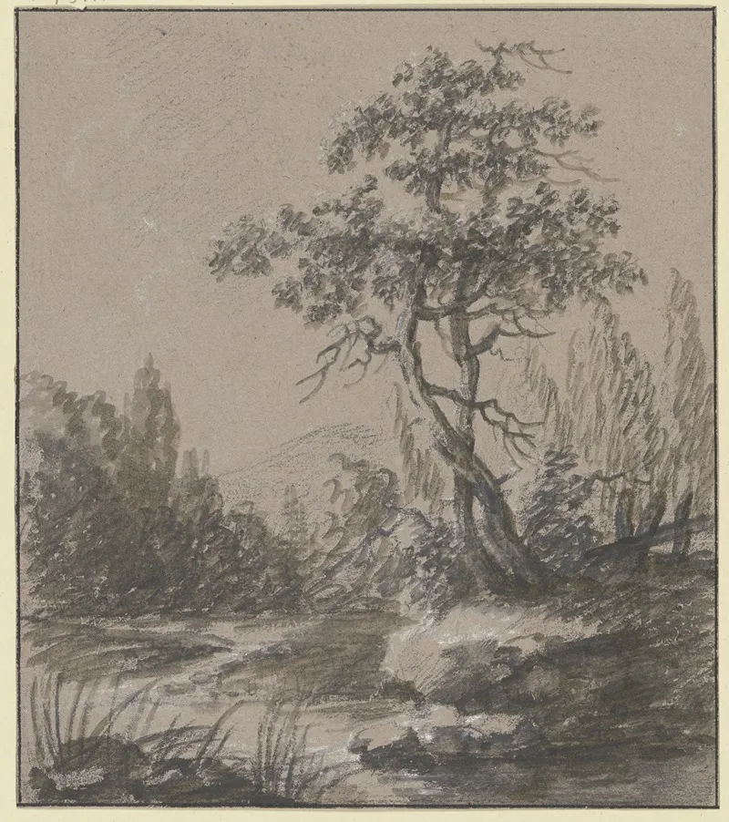 Landschaft Mit Zwei Baumen Am Wasser