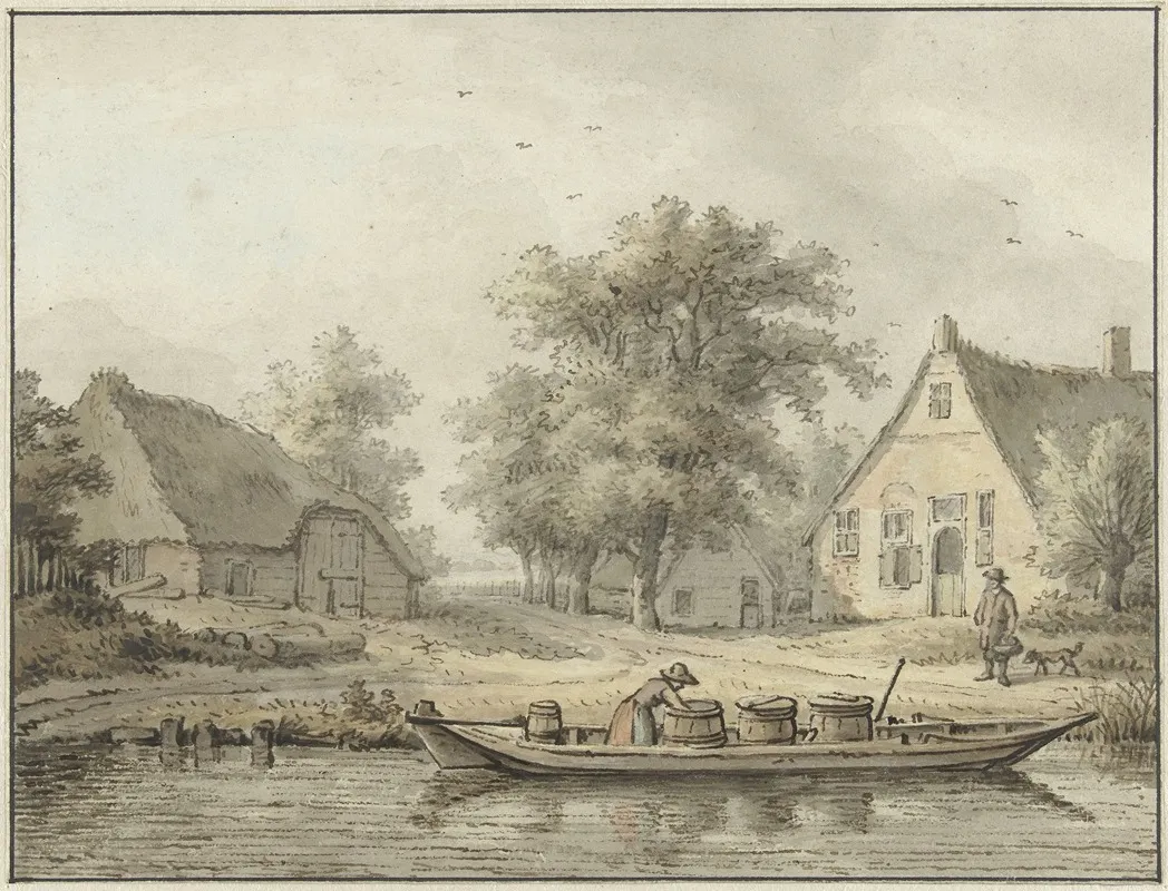 Landschap Met Afgemeerde Schuit Met Vaten