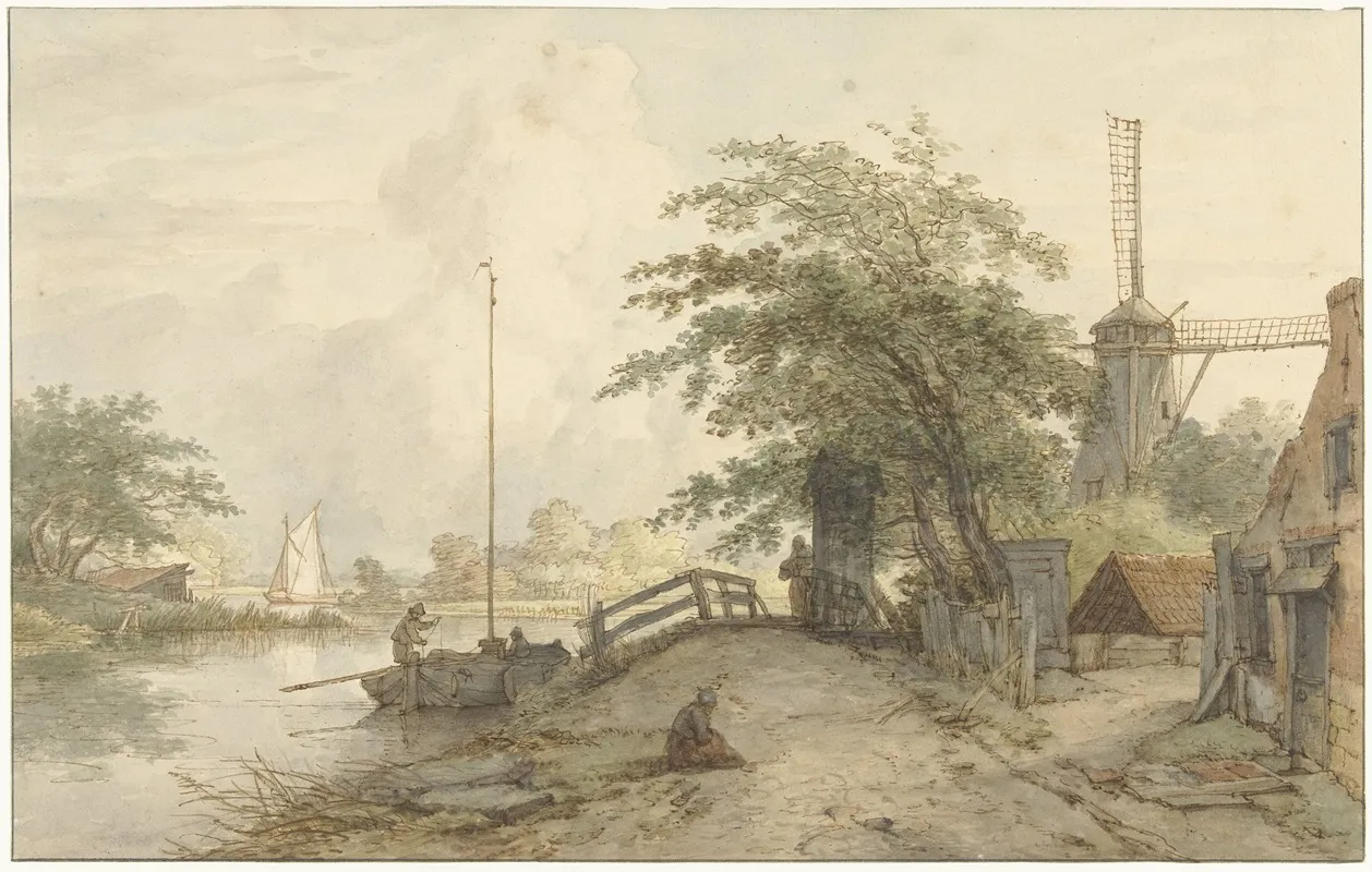 Landschap Met Bruggetje En Huis Aan Weg Langs Een Water