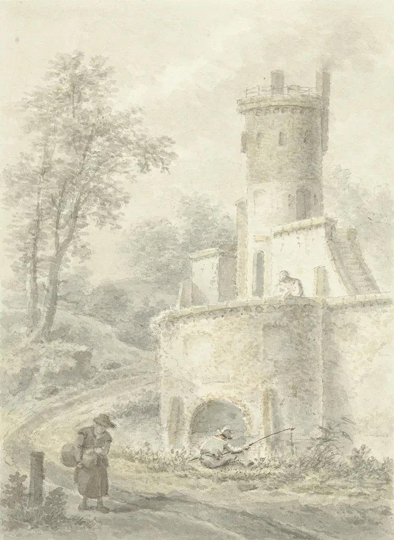 Landschap Met Hengelaar En Wandelende Vrouw Bij Een Vestingtoren