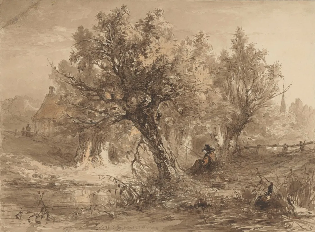 Landschap Met Hengelaar Onder Wilgen