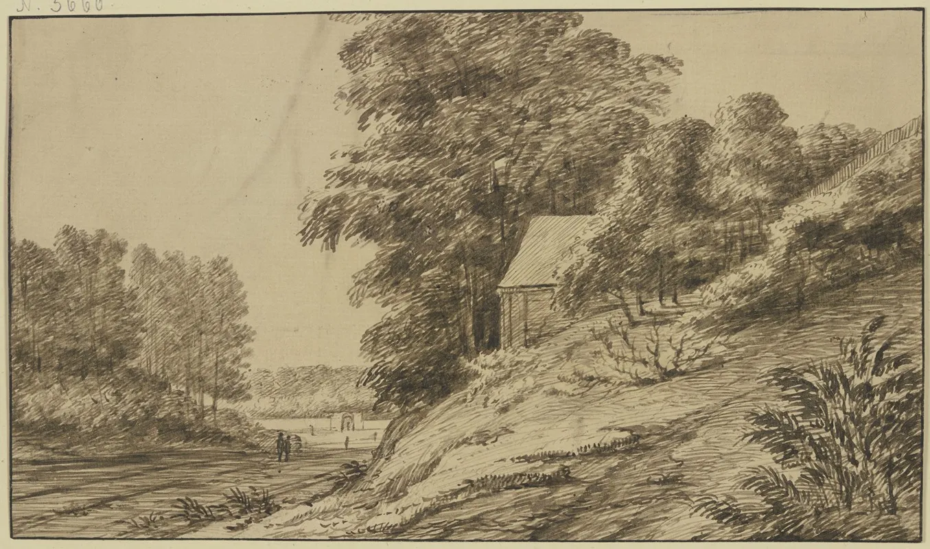 Landstrase Durch Den Wald Rechts Unter Hohen Baumen Auf Einem Abhang Eine Hutte by Jacob Esselens - Canvas Print