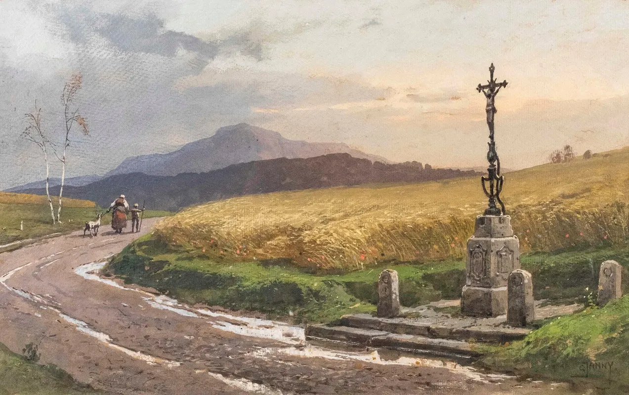 Landstrase Mit Kornfeld Und Wegkreuz by Georg Janny - Canvas Print