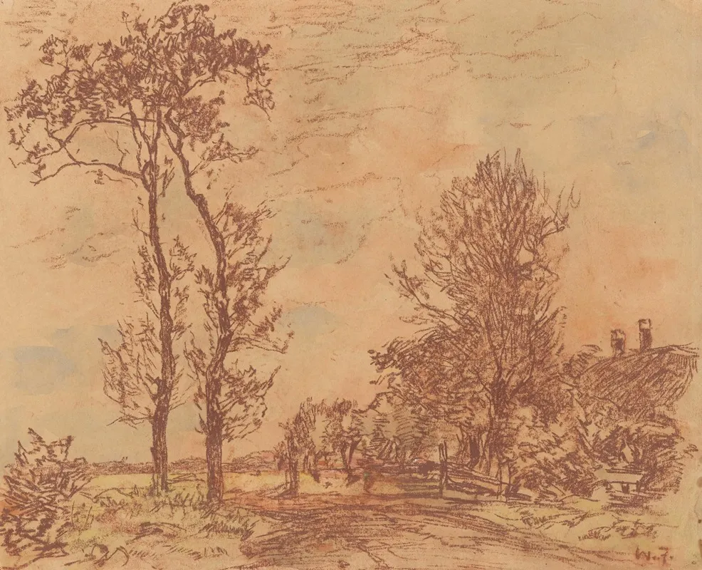 Landweg Met Bomen Rechts Een Boerderij