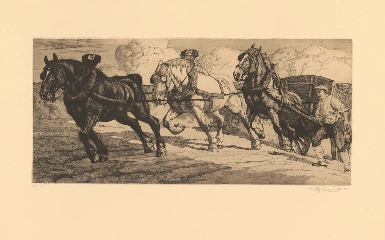 Le Coup De Collier Trois Chevaux Atteles En Fleche Tirant Un Tombereau by Constant Eugène de Busschere - Canvas Print
