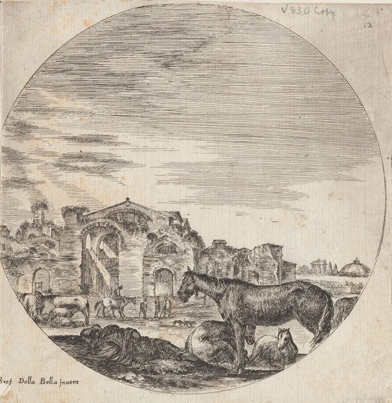 Le Patre Qui Dort Couche Par Terre Sur Le Devant A Droite by Stefano Della Bella - Canvas Print