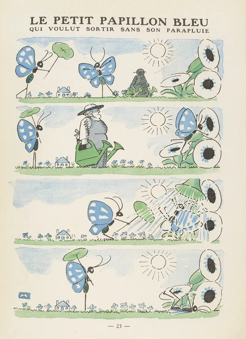 Le Petit Papillon Bleu Qui Voulut Sortir Sans Son Parapluie by André Hellé - Canvas Print