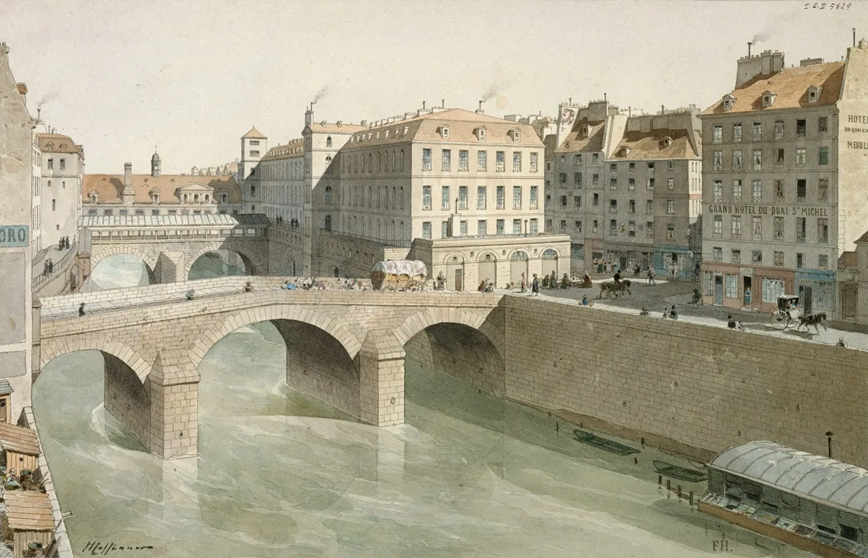 Le Petit Pont Et La Place Du Petit Pont En 1830 by Fédor Hoffbauer - Canvas Print