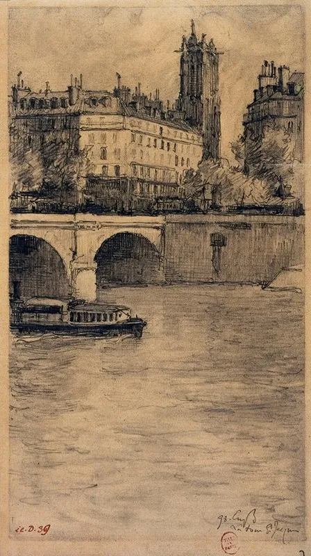 Le Pont Notre Dame Et La Tour Saint Jacques by Eugène Béjot - Canvas Print
