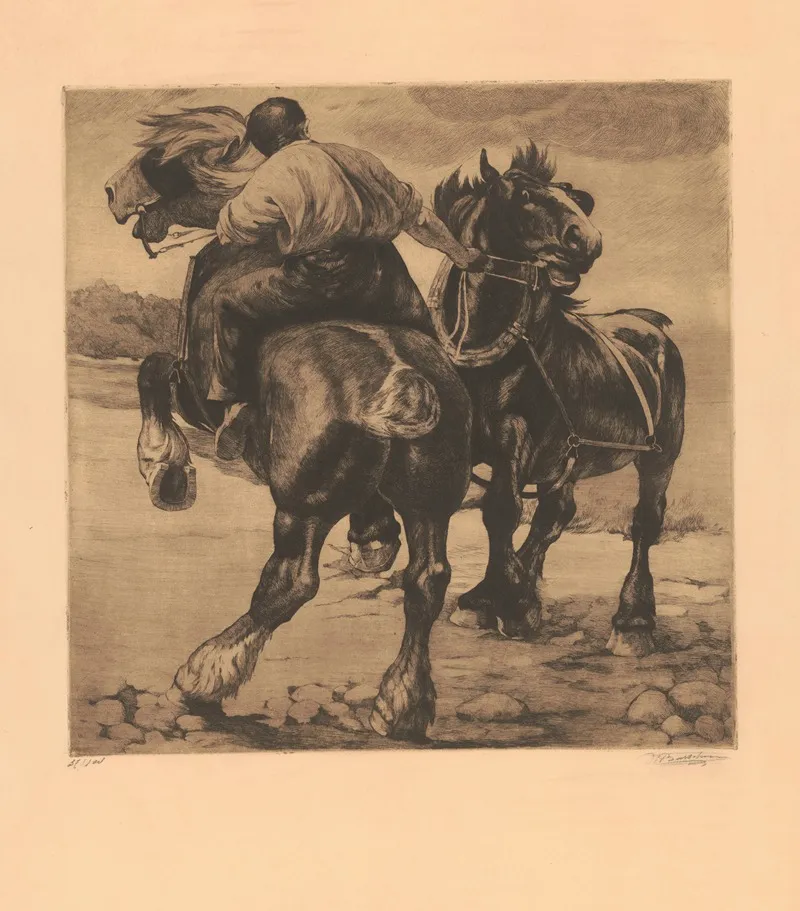 Le Revolte Paysan Montant Un Cheval Qui Se Cabre En Difficulte Avec Une Jument Quil Conduit A La Bride by Constant Eugène de Busschere - Canvas Print