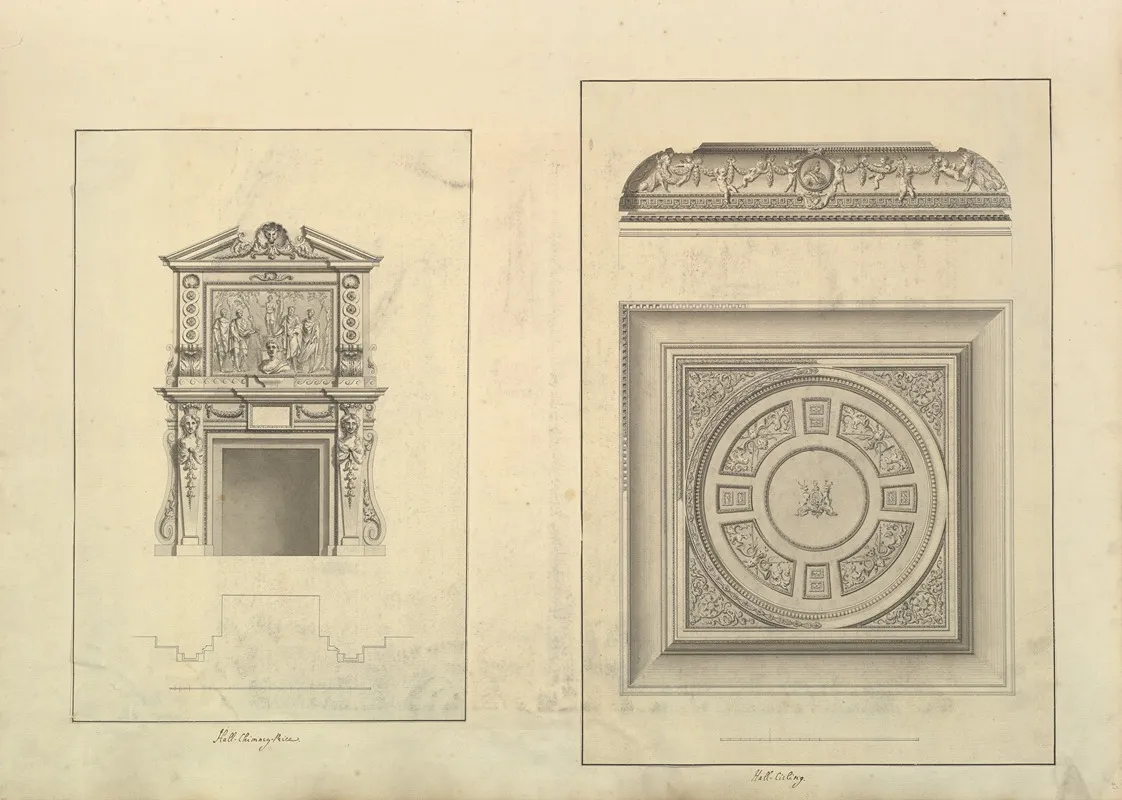 Leaf From Aedes Walpolianae Mounted With Two Drawings A Hall Chimney Piece Houghton Hall Norfolk B Hall Ceiling Houghton Hall Norfolk by Isaac Ware - Canvas Print