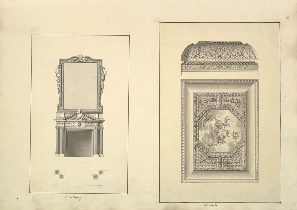 Leaf From Aedes Walpolianae Mounted With Two Drawings A Salon Chimney Houghton Hall Norfolk Elevation B Salon Ceiling Houghton Hall Norfolk by Isaac Ware - Canvas Print