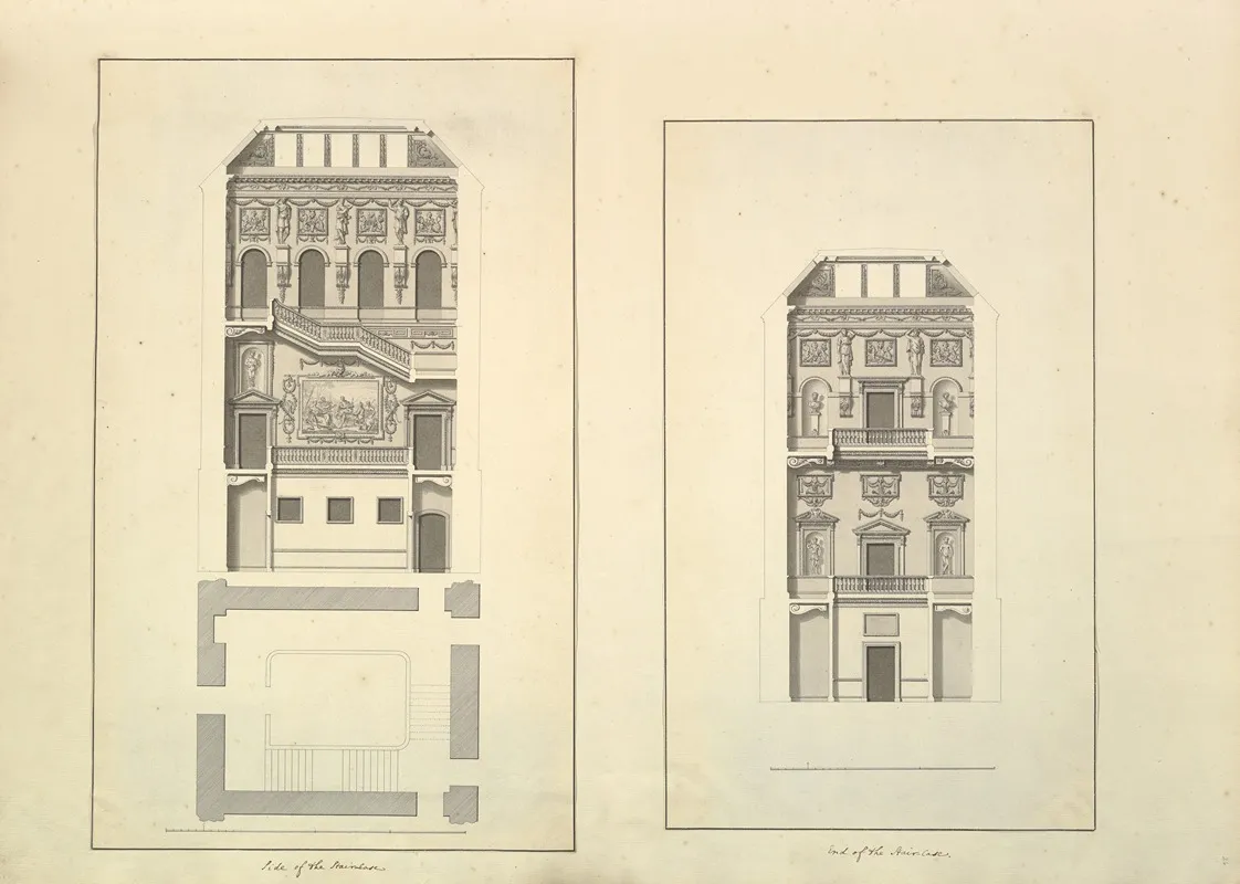 Leaf From Aedes Walpolianae Mounted With Two Drawings A Side Of The Staircase Houghton Hall Norfolk Elevation B End Of Staircase Houghton Hall Norfolk by Isaac Ware - Canvas Print