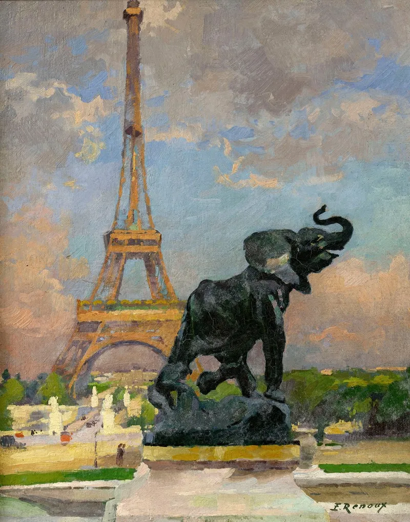 Lelephant Pris Au Piege De Fremiet Et La Tour Eiffel by Ernest Jules Renoux - Canvas Print