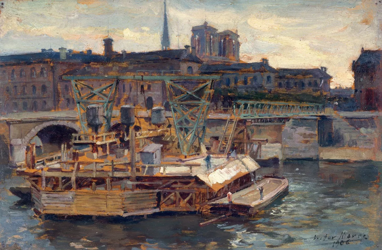 Les Travaux Du Metropolitain Au Pont Notre Dame by Victor Marec - Canvas Print