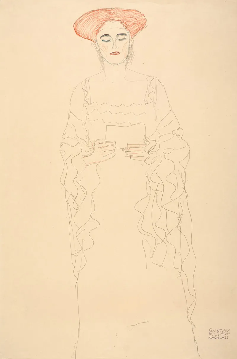 Lesende Oder Singende Von Vorne Reading Or Singing Woman by Gustav Klimt - Canvas Print