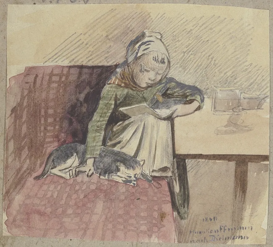 Lesendes Kind Mit Katze Auf Der Bank