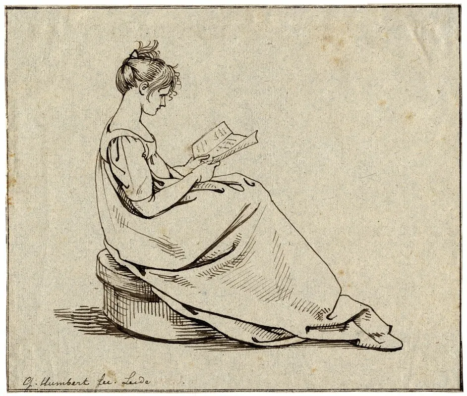Lezende Vrouw Zittend Op Een Poef Naar Rechts Gewend by David Humbert de Superville - Canvas Print