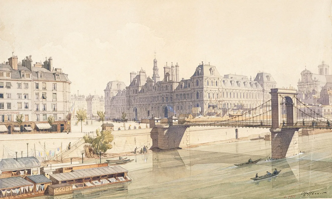 Lhotel De Ville Et Le Pont Darcole En 1842 by Fédor Hoffbauer - Canvas Print