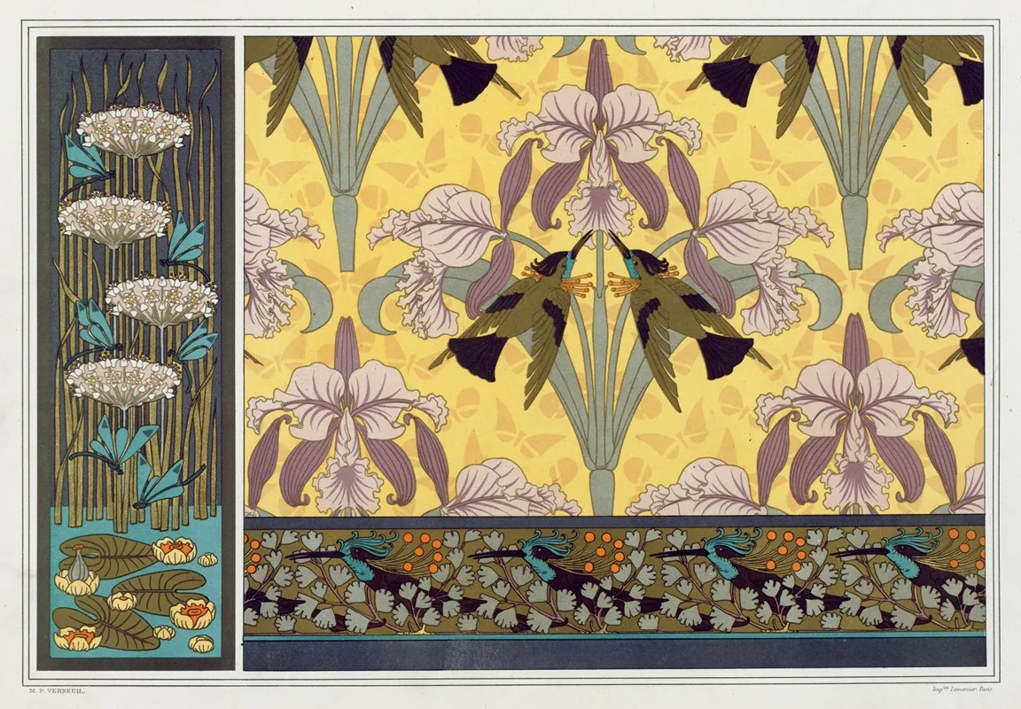 Libellules Butome En Ombelle Nenuphars Panneau Oiseaux Mouches Et Orchidees Etoffe Oiseaux Mouches Et Capillaires Bordure by Maurice Pillard Verneuil - Canvas Print