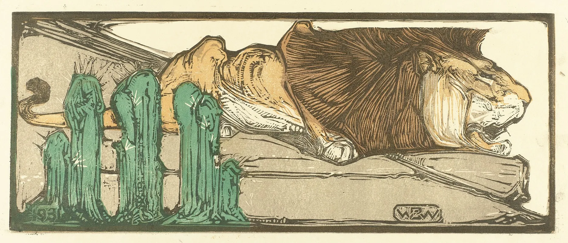 Liggende Leeuw Bij Drie Cactussen