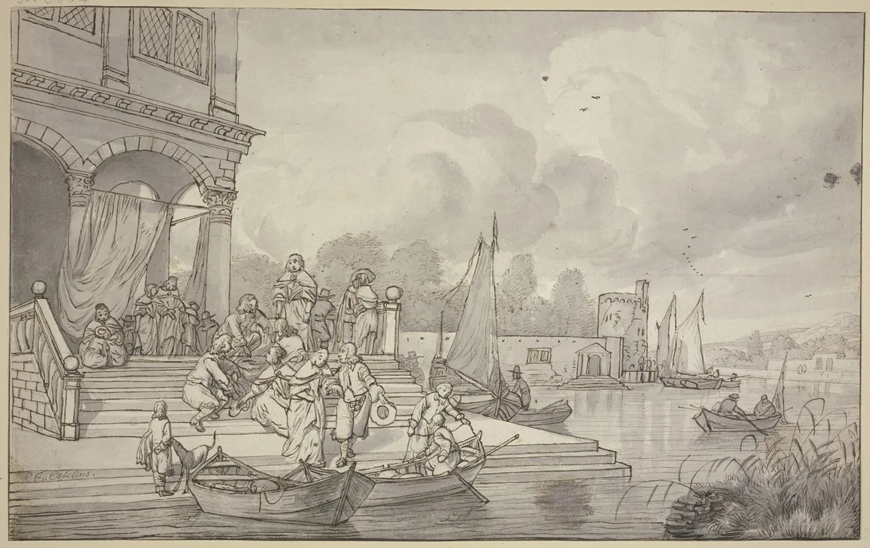 Links Am Wasser Eine Villa Mit Einer Grosen Treppe Viele Damen Und Herren Kommen Aus Dem Hause Um In Zwei Boote Zu Steigen by Jacob Esselens - Canvas Print