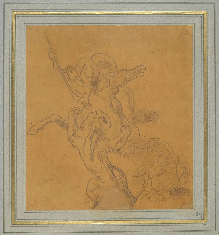 Lion Attacking A Horse With Rider Sketch For The Tiger Hunt