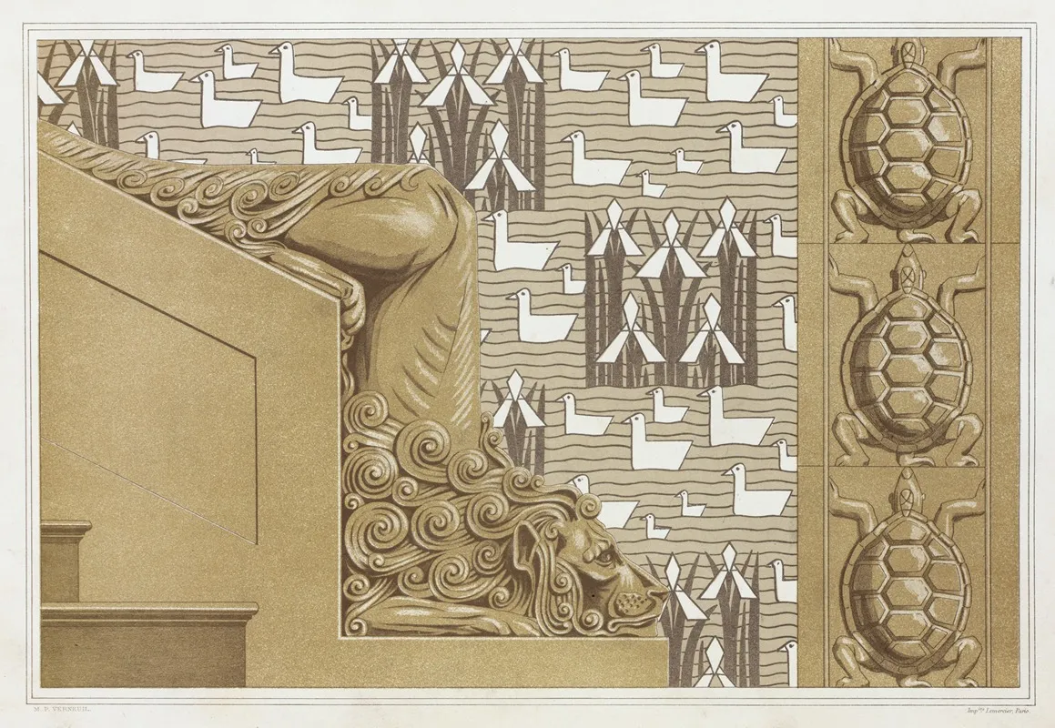 Lion Depart De Rampe En Pierre Pour En Escalier Monumental Tortues Carreaux Gres Canards Et Iris Tenture Pour Chambre Denfant by Maurice Pillard Verneuil - Canvas Print