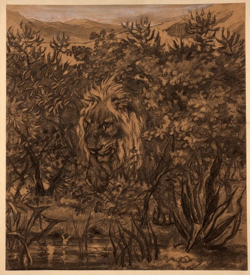 Lion Emerging From The Foliage by Félix Bracquemond - Canvas Print