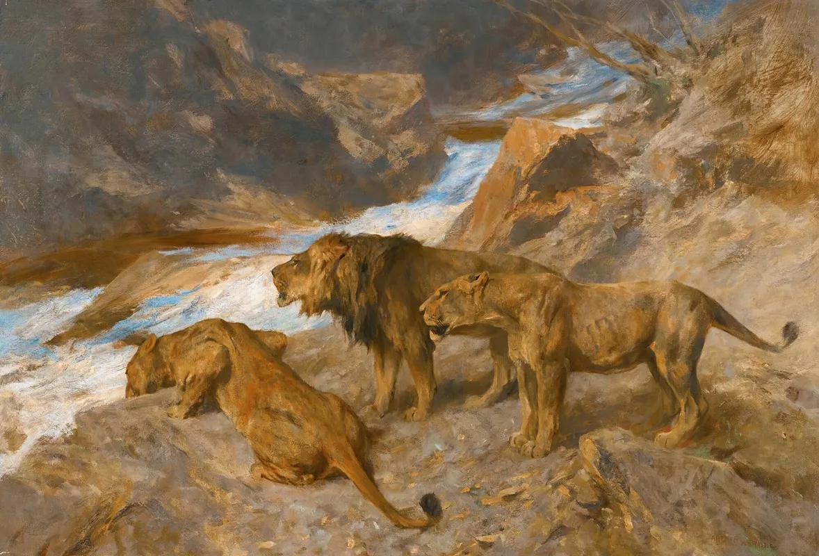 Lions By A Stream