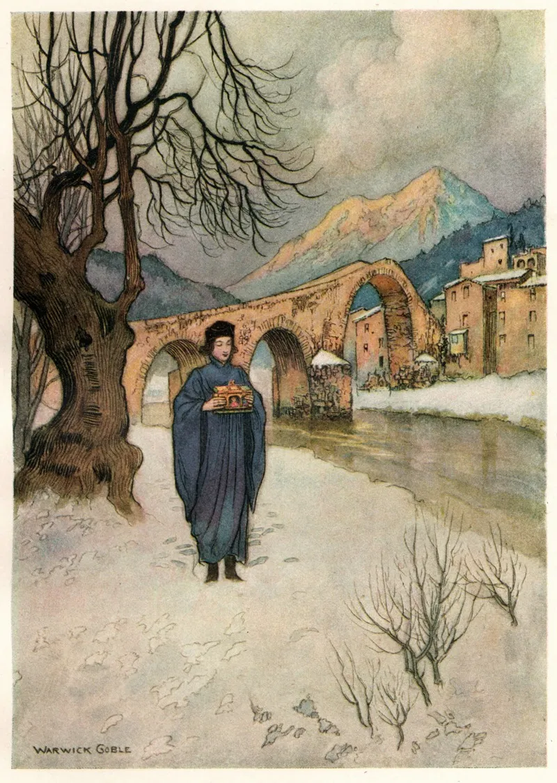Lise In The Snow With The Casket by Warwick Goble - Canvas Print