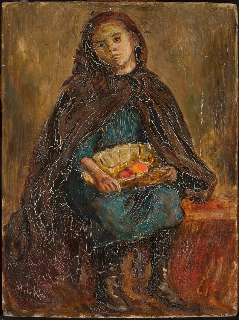 Little Girl With A Basket Of Apples On Her Knees