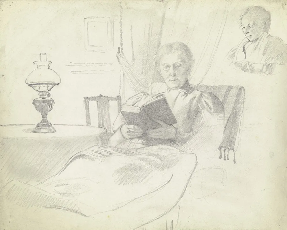 Luise Scholderer Lesend Mit Tisch Und Lampe Brustbild Einer Weiblichen Figur Im Hintergrund
