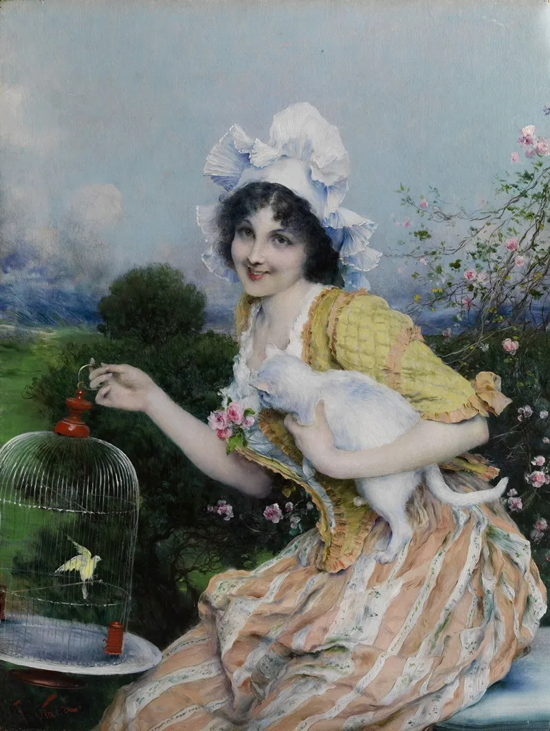 Madchen Mit Katze Und Vogelkafig