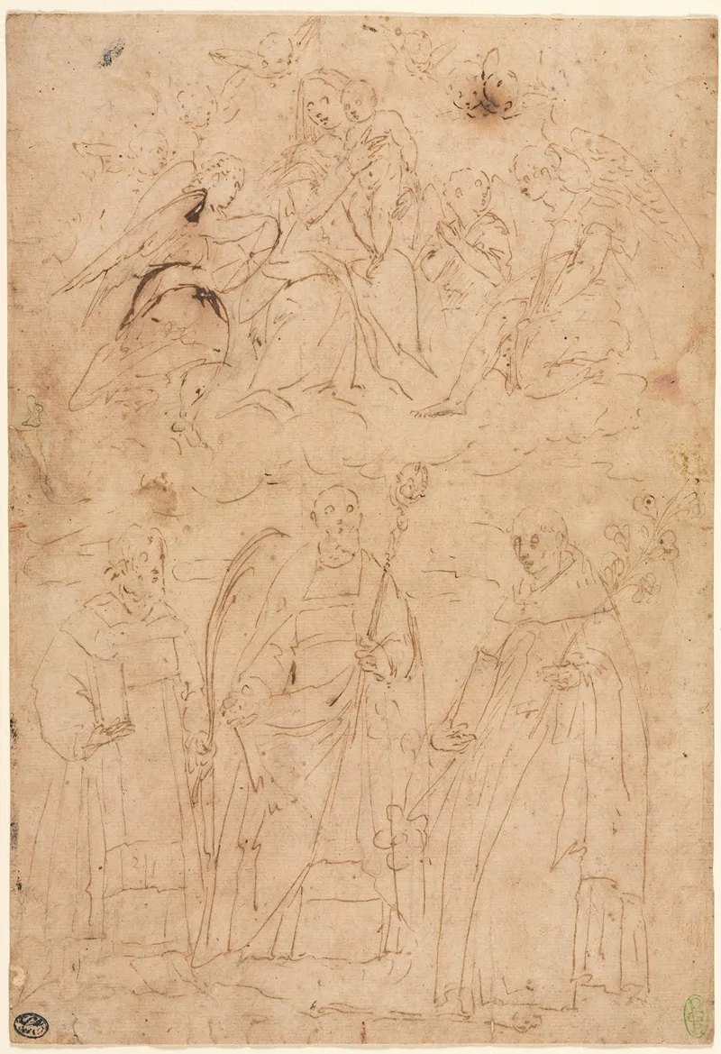 Madonna And Child In Glory Above Three Saints