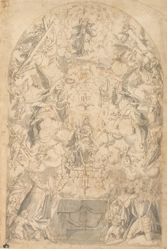 Madonna And Child With Angels Bearing Symbols Of The Passion by Friedrich Sustris - Canvas Print