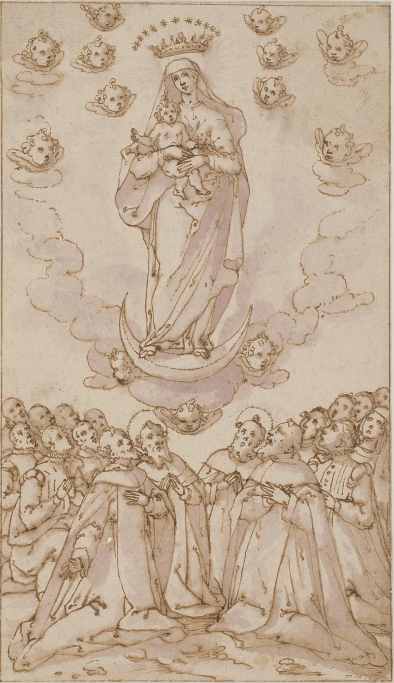 Madonna Og Barnet Pa En Halvmane Viser Sig For En Gruppe Helgener Praester Og Laegmaend by Giovanni Guerra - Canvas Print