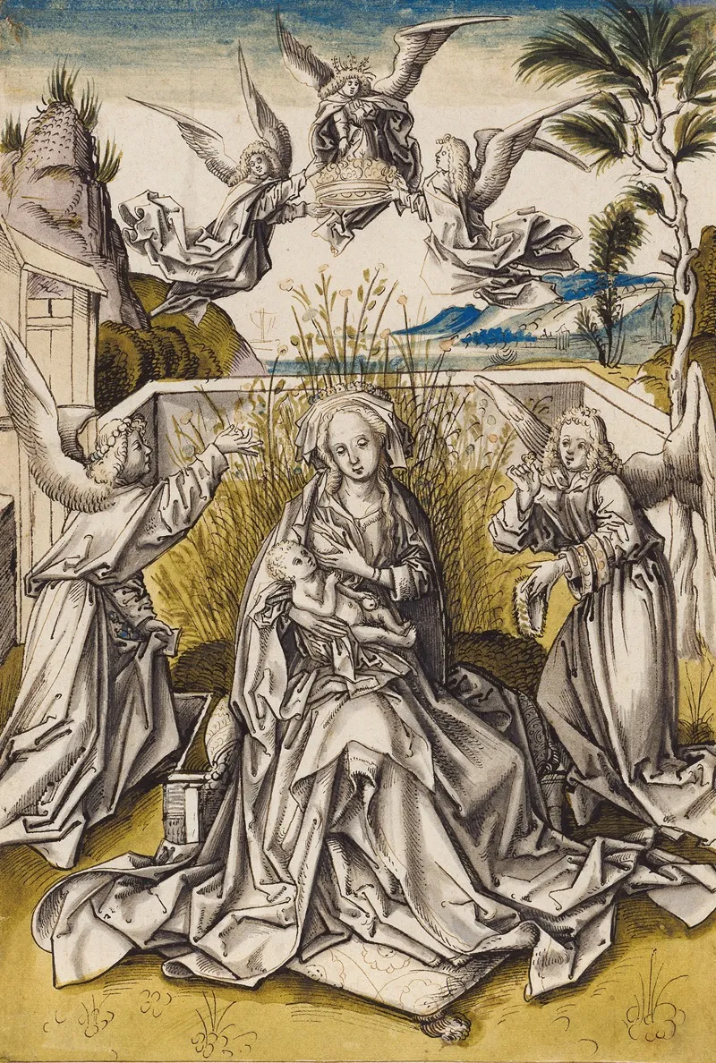 Madonna With Angels In A Landscape by Workshop of Hans Holbein the elder - Canvas Print