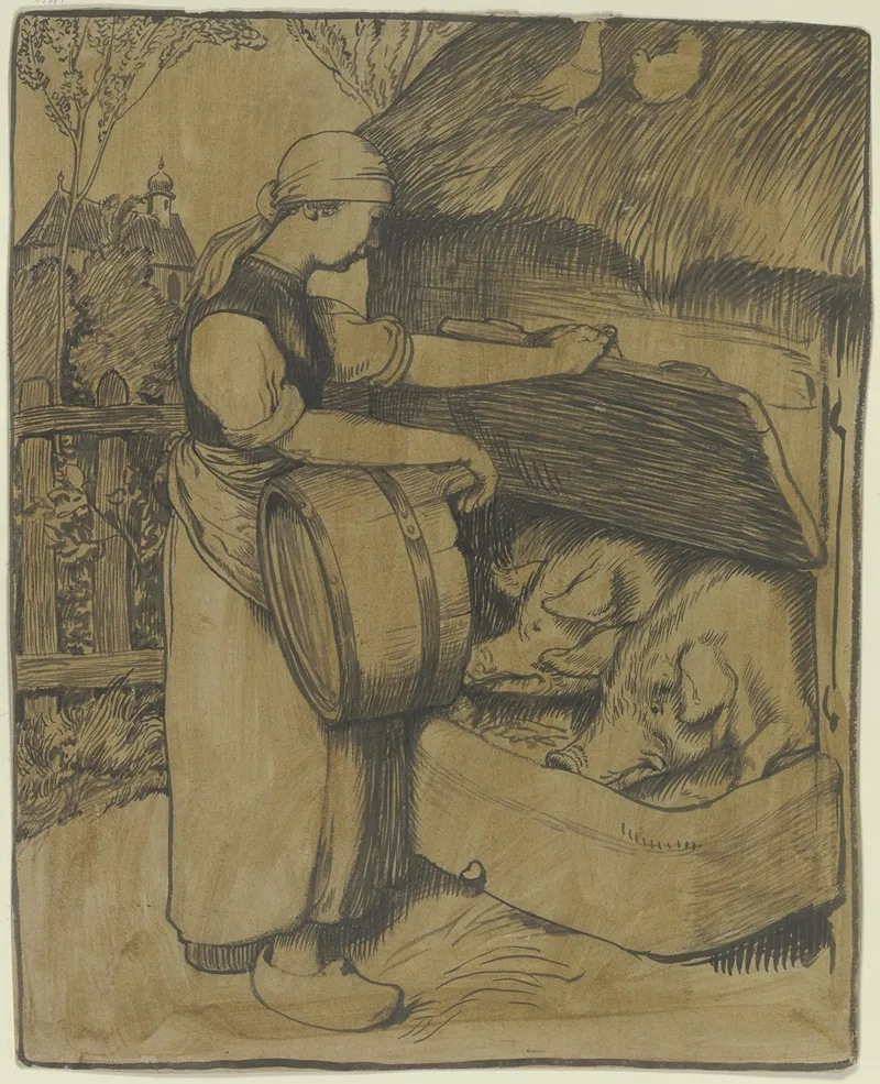 Maid Feeding Pigs by Fritz Boehle - Canvas Print